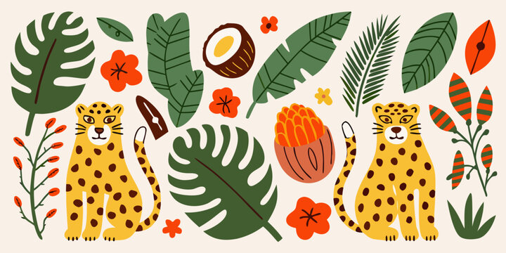 Tropical illustration with jaguars palm leaves and exotic flowers