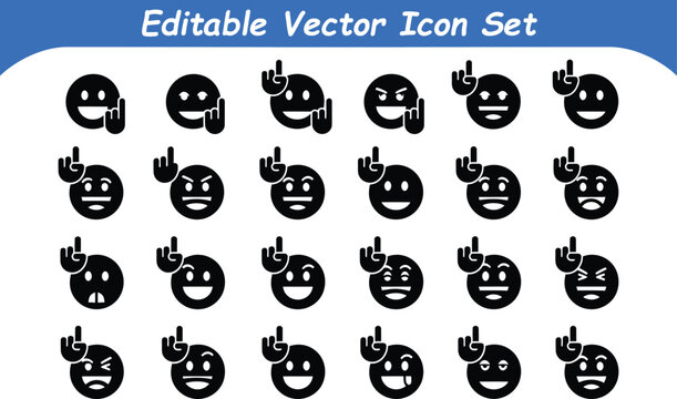 Set of black emoji icons with various expressions on white background collection expression
