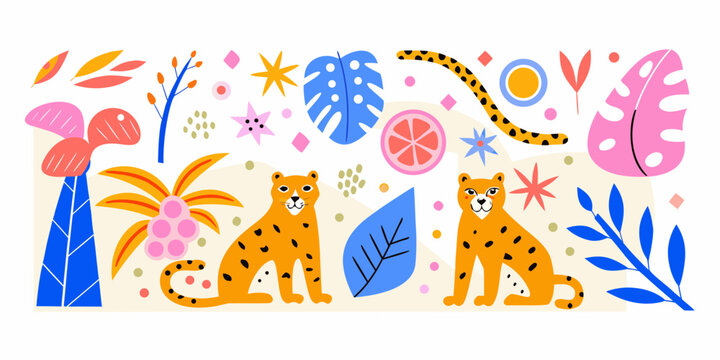 Tropical illustration with leopards and lush foliage vibrant vector design