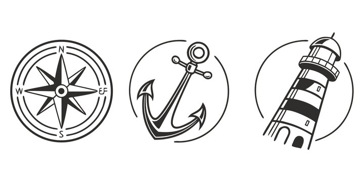 Nautical adventure illustration set featuring hand drawn compass rose ship anchor and striped lighthouse in circular frames nautical maritime lighthouse adventure