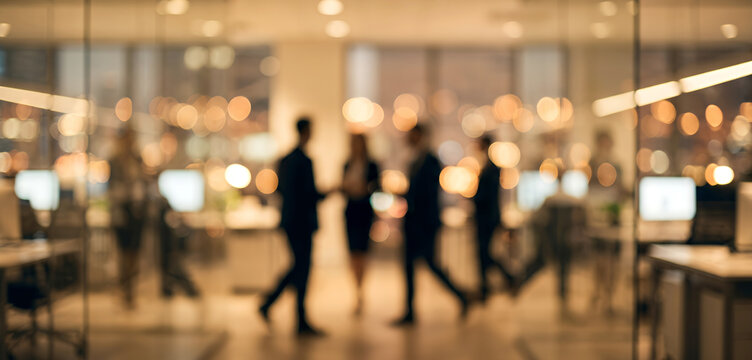 A blurred view of a modern office environment with silhouettes of professionals engaged in conversation, fruitful teamwork, and collaboration symbolizing corporate culture.