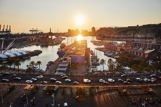 Scenic view of Porto Antico (Old Port) at sunset in Genoa, Italy, Europe 