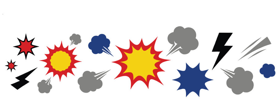 Collection of comic style explosion cloud and lightning symbol flash icons.