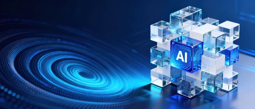 Artificial intelligence blue glass cube stack with AI text placed on glowing spiral digital network background represents modern future AI technology and big data innovation concept