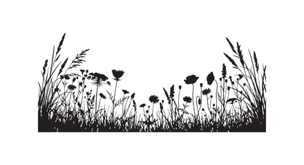 Naklejka premium Black silhouette illustration of wild flowers and meadow grass stems isolated on white background for design projects.