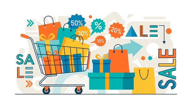 Shopping Cart Filled with Gift Boxes and Sale Banners, Representing Discounts and Promotions