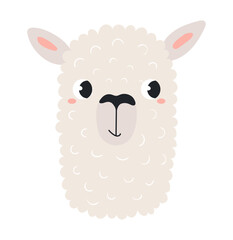 Fototapeta premium Cute little llama, alpaca face illustration isolated. Kawaii cartoon character. Wild animal, baby animal, wildlife, nature, fauna. Kids print, design element, clip art. Hand drawn flat vector