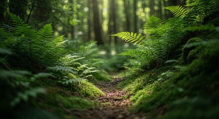 Obraz premium Lush Green Forest Undergrowth With Ferns And A Winding Dirt Path Bathed In Sunlight