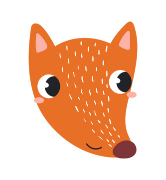 Cute little fox face illustration isolated. Kawaii cartoon character. Wild animal, baby animal, wildlife, nature, fauna. Kids print, design element, clip art. Hand drawn flat vector