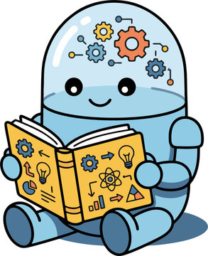 A cute robot reads a book with science and technology symbols on it