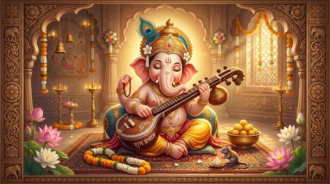 Ganesha playing veena in ornate temple with soft golden light and traditional decor