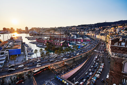 Scenic view of Porto Antico (Old Port) at sunset in Genoa, Italy, Europe 