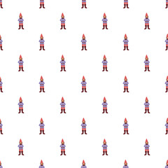 Fototapeta premium Cartoon garden gnomes standing in a seamless repeating pattern on a white background