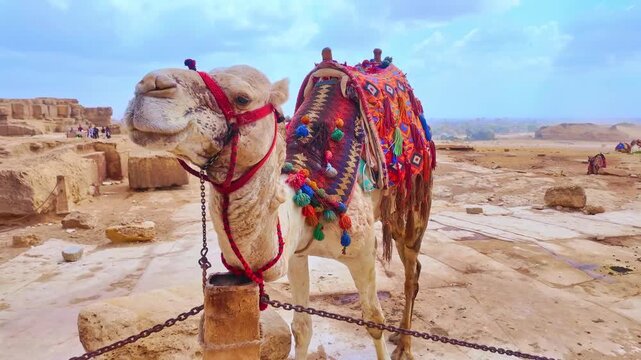 Beautiful saddled camel waiting for tourists in the desert near the pyramids of giza. Tied up, waiting for tourists. Concept of animal abuse