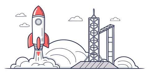 Rocket launch from spaceport pad illustration with spaceport technology exploration transport industry aerospace structure platform engineering astronomy © AD