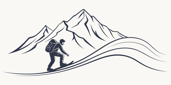 Person hiking in mountains with backpack line art graphic illustration for outdoor adventure mountain backpack adventure climbing trekking mountaineering lifestyle