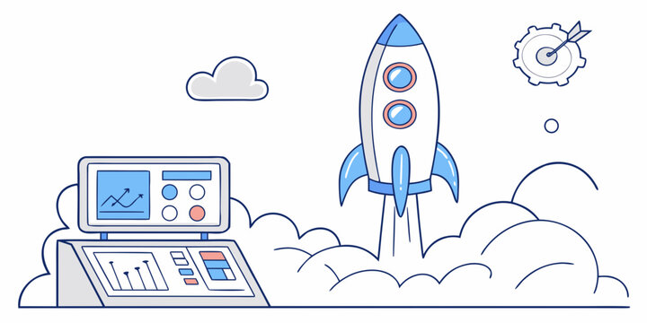 Startup rocket launch concept with dashboard monitor and business target illustration business dashboard technology innovation launchpad analysis strategy