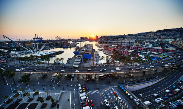 Scenic view of Porto Antico (Old Port) at sunset in Genoa, Italy, Europe 