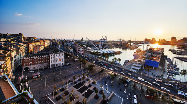 Scenic view of Porto Antico (Old Port) at sunset in Genoa, Italy, Europe 