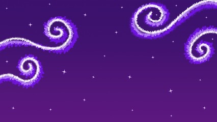 Abstract purple background with glowing spiral waves and stars. © Habil