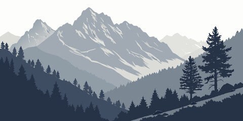 Graphic illustration of a majestic mountain range behind a coniferous forest with tall pine trees in a two-tone blue and white art style mountains landscape wilderness © AD