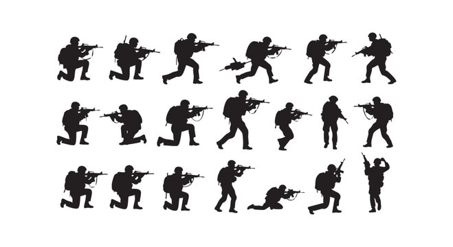 Collection of military soldier silhouettes in various combat poses, holding assault rifles in different action scenes.