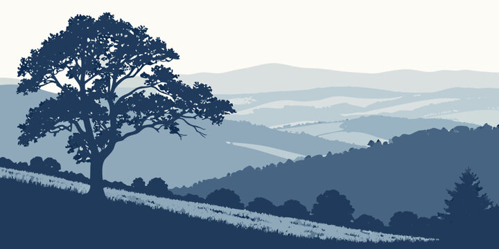 Silhouette landscape with a single large oak tree on a rolling hillside and distant mountain ranges in a monochromatic blue graphic style landscape silhouette outdoors