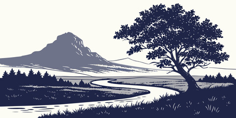 Serene landscape with large tree mountain and winding river landscape mountain wilderness outdoors illustration mountains adventure environment minimalist © AD
