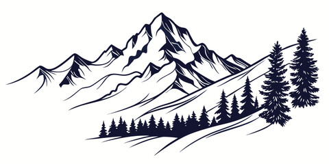 Mountain range with pine forest slope and coniferous trees mountain landscape coniferous wilderness adventure illustration engraving monochrome mountainous © AD