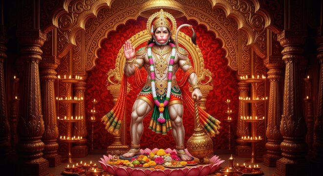 Lord Hanuman standing majestically in a golden temple illuminated by ornate lamps and divine offerings