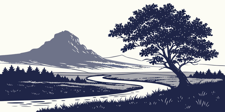 Serene landscape with large tree mountain and winding river landscape mountain wilderness outdoors illustration mountains adventure environment minimalist