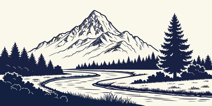 Detailed hand drawn mountain landscape with river and pine trees mountain landscape illustration engraving wilderness adventure evergreen mountainous environment