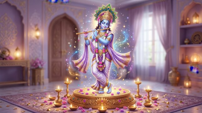 Lord Krishna playing flute in ornate temple with glowing lanterns and flower petals