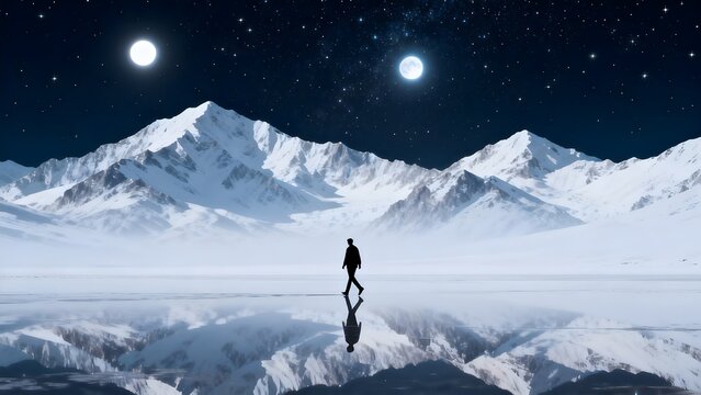 Person walking in snowy mountain landscape