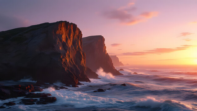 Rugged coastal cliffs bathed in the warm glow of a soft sunrise over the ocean waves transparent background
