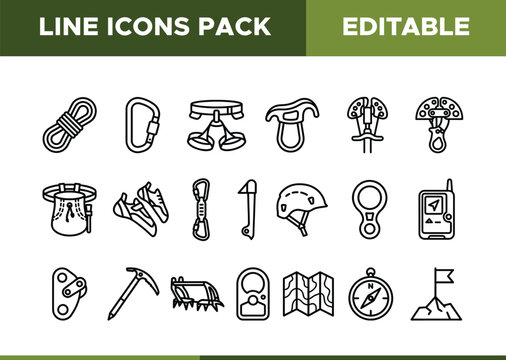 Line Icons Pack, 20 editable vector icons for rock climbing and mountaineering equipment, adventure sports gear, outdoor activity essentials