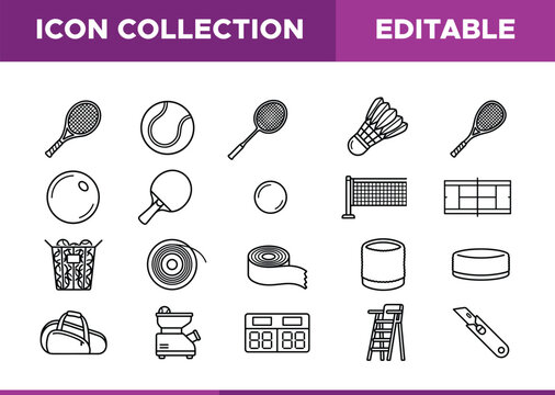 Tennis and Badminton Sports Equipment Icon Collection, a comprehensive vector set featuring rackets, balls, nets, and accessories for athletic design projects, editable line art.