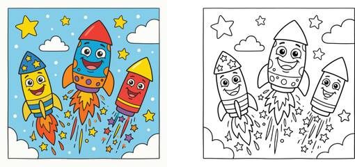 Cute Cartoon Firework Rockets in the Sky, 4th of July Kids Coloring Page and Colorful Illustration Set, Happy Fireworks Characters, Independence Day Celebration Vector Design