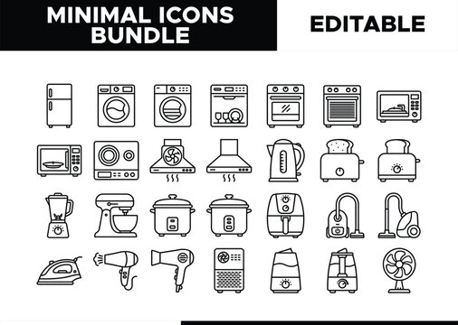 Minimal Icons Bundle, 30 editable household appliance line icons, modern kitchen and laundry room vector graphics, essential home electronics collection for web and app design