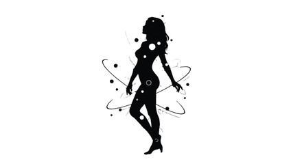 Fototapeta premium Woman silhouette stands gracefully amidst floating particles and glowing light orbits.