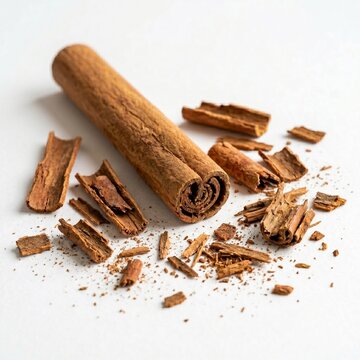 Dried Cinnamon Stick with Crushed Cinnamon Pieces Isolated on White Background, Detailed Macro Spice Photography