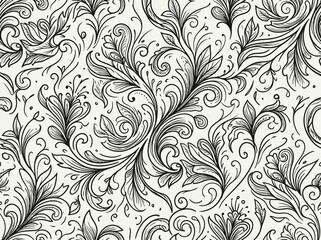 Fototapeta premium Seamless Vintage Floral Pattern with Ornate Black Swirls on White Background - Elegant Hand-Drawn Baroque Wallpaper for Textile and Packaging Design