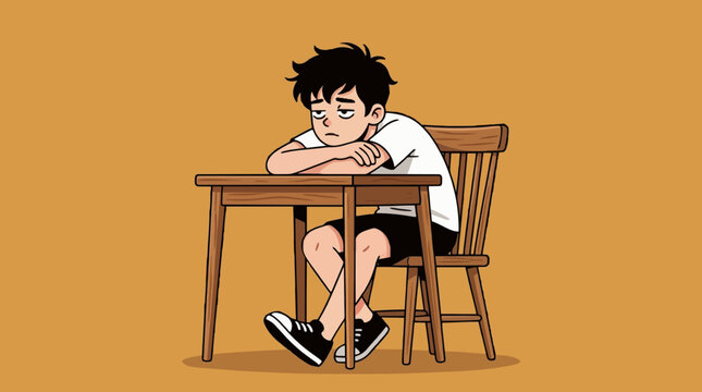 Bored Teenage Student Sitting at Wooden Desk Minimalist Flat Vector Illustration