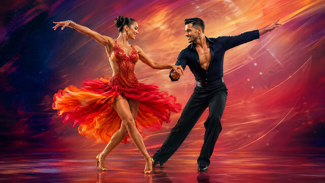 Latin dance couple performing a passionate ballroom routine with vibrant red and orange motion effects on a dramatic stage.