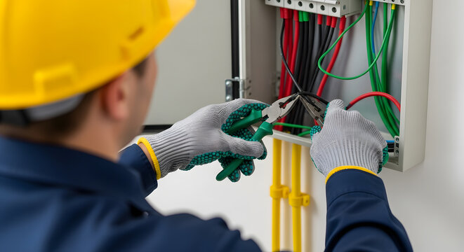 Professional Electrician Working on Electrical Panel | Male Technician Installing Wires in Distribution Board | Electrical Maintenance and Repair Service | Industrial Construction and Engineering 