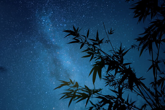 天の川と笹飾りを幻想的に表現した七夕背景素材