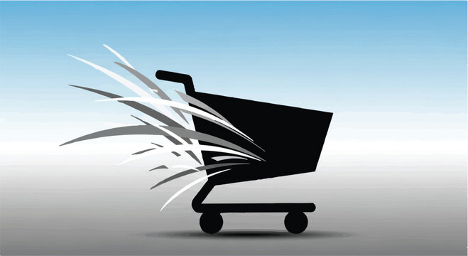 Shopping cart moves with high speed to represent rapid consumer purchasing.