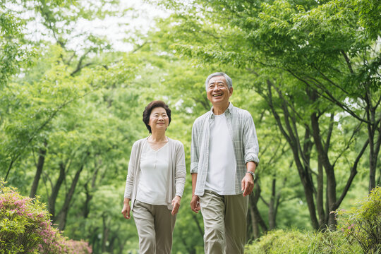 公園を歩くシニア夫婦の健康的な生活素材