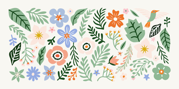 Floral pattern with flowers leaves and hummingbird vector illustration