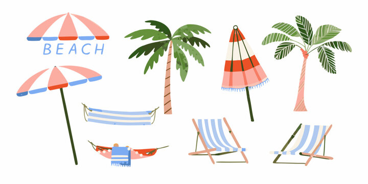 Beach elements illustration with chairs umbrellas and palm trees